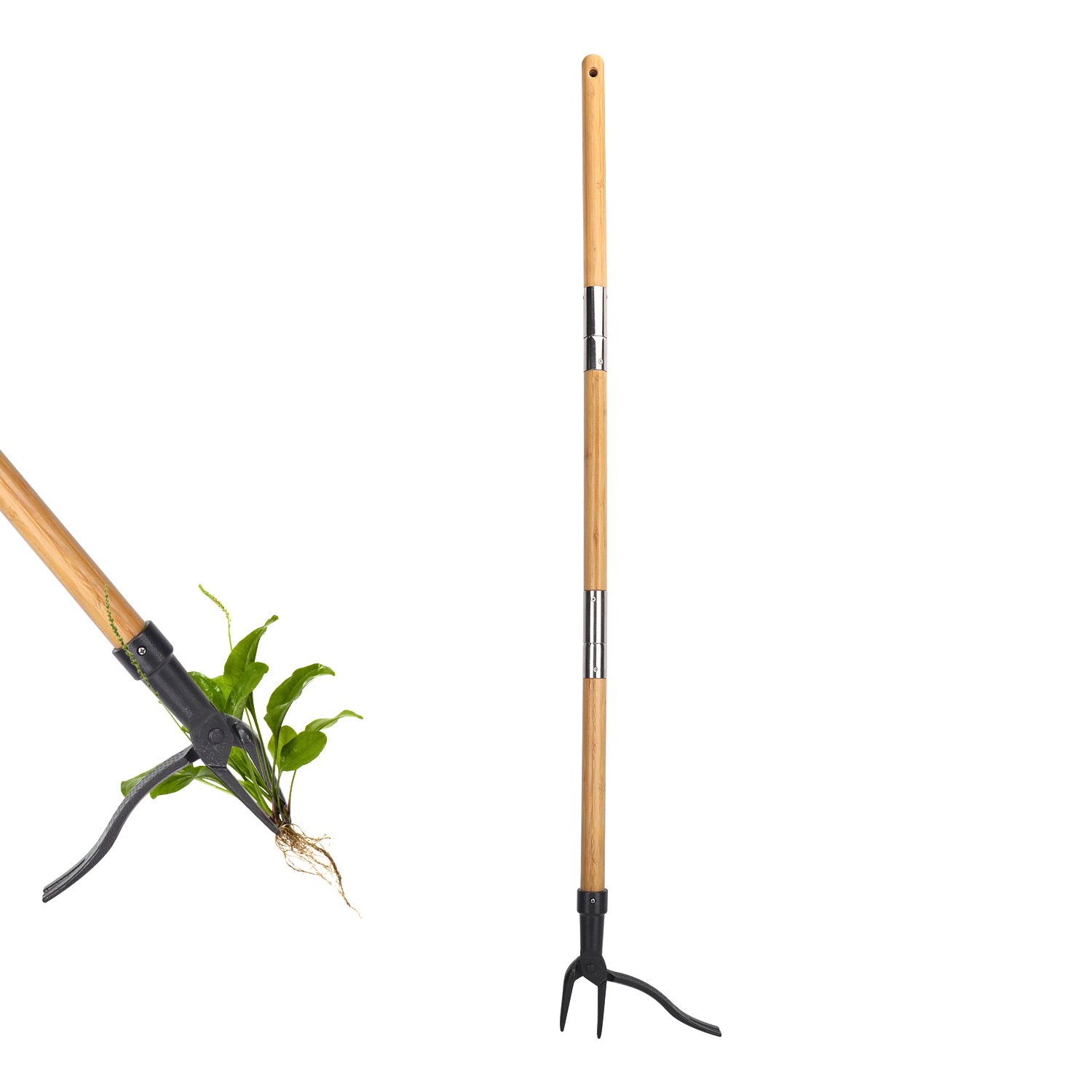 4-Claw Stand Up Manual Weeder Heavy-Duty Steel Claw Head with a Solid Wood Long Handle,Easily Remove Garden Weeds