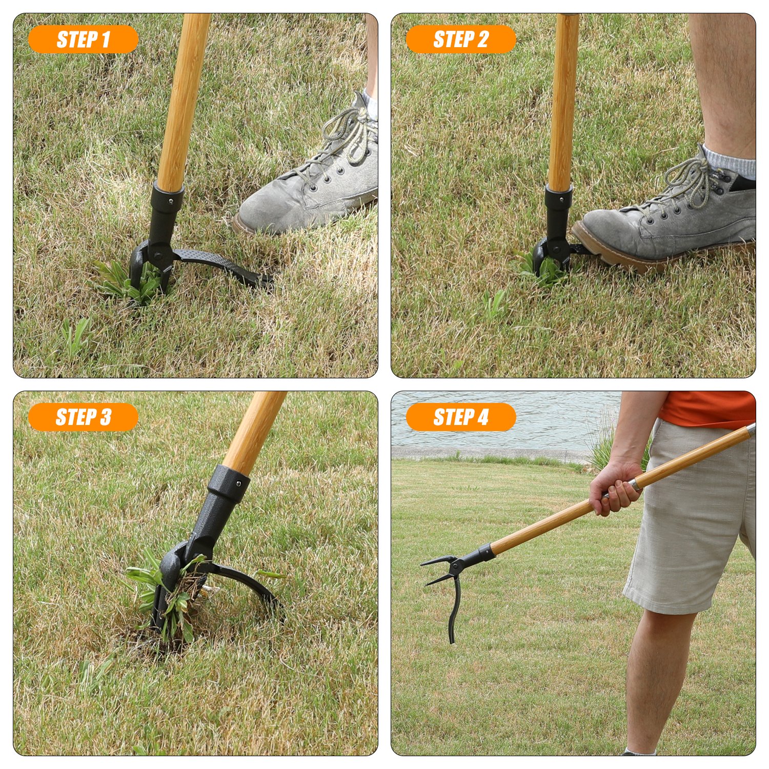 4-Claw Stand Up Manual Weeder Heavy-Duty Steel Claw Head with a Solid Wood Long Handle,Easily Remove Garden Weeds