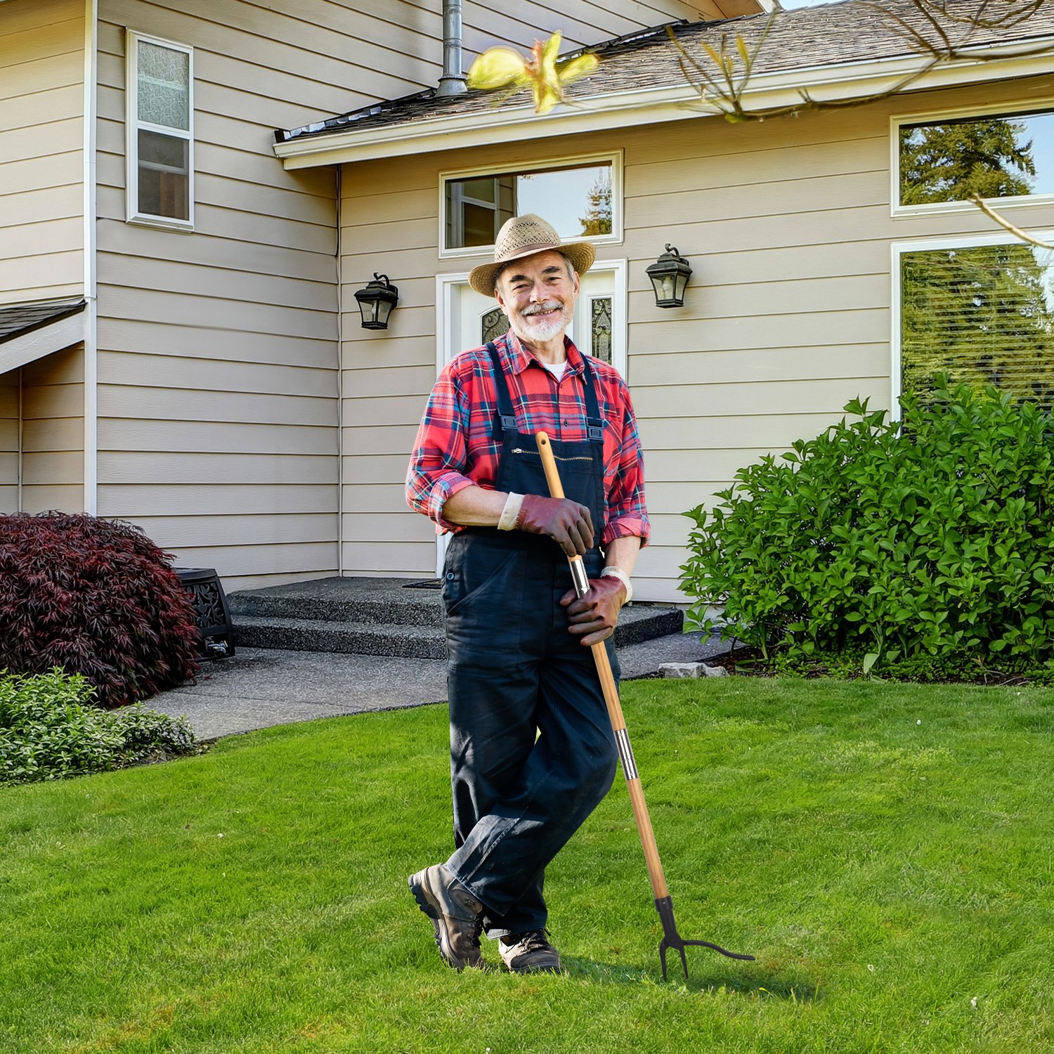 4-Claw Stand Up Manual Weeder Heavy-Duty Steel Claw Head with a Solid Wood Long Handle,Easily Remove Garden Weeds