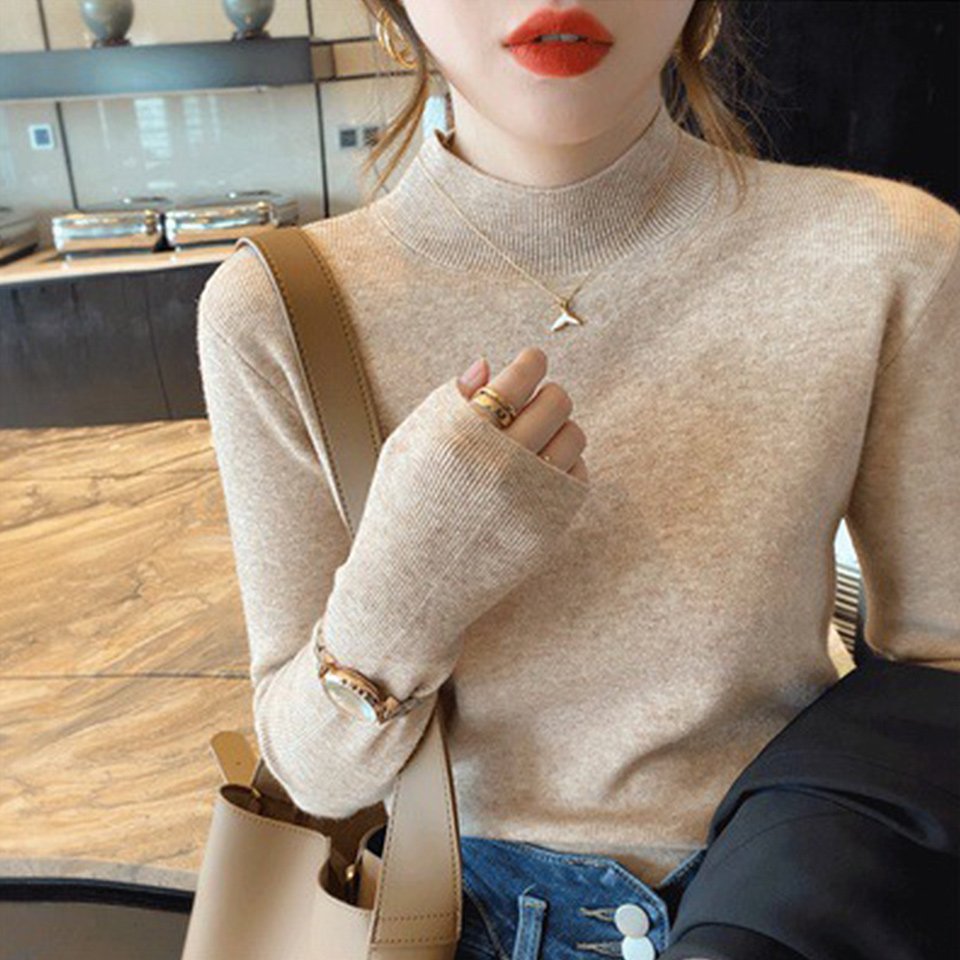 Autumn long sleeve half high stand collar sweater ladies pullover all-match slim knit bottoming shirt base casual knitwear