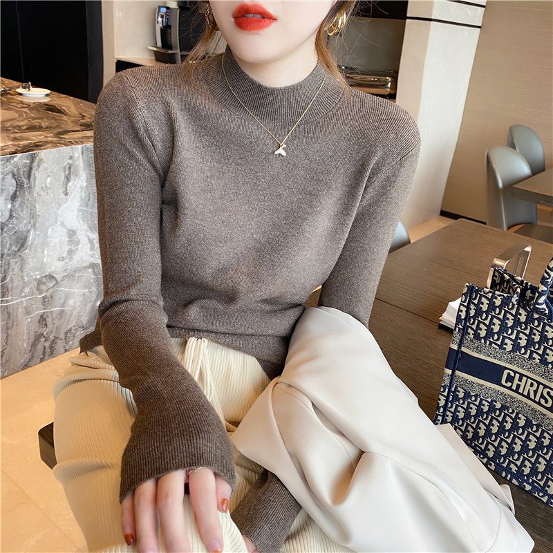Autumn long sleeve half high stand collar sweater ladies pullover all-match slim knit bottoming shirt base casual knitwear