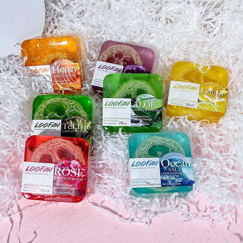 No Logo 100g Natural Organic Handmade Essential Oil Soap Face Body Wash Bar Loofah Soap Skin Brightening Acne Bar