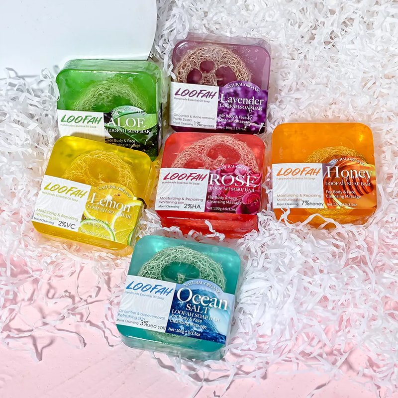 No Logo 100g Natural Organic Handmade Essential Oil Soap Face Body Wash Bar Loofah Soap Skin Brightening Acne Bar