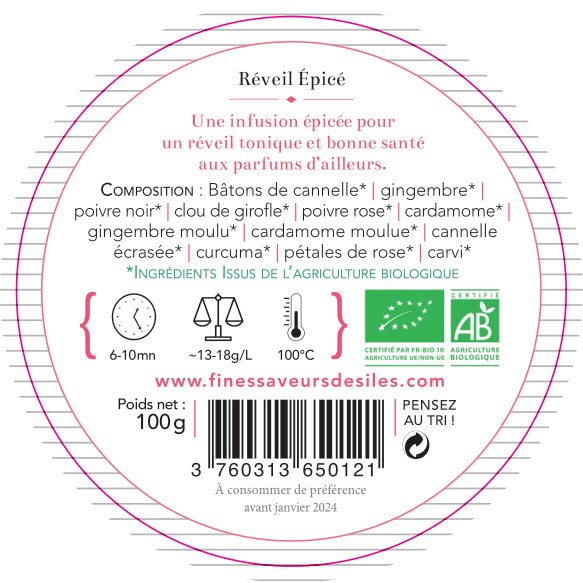 FINES SAVEURS DES ILES MORNING HERBAL TEA ALARM SPICY BIO METAL BOX 100G ENERGY SLIMMING TEA