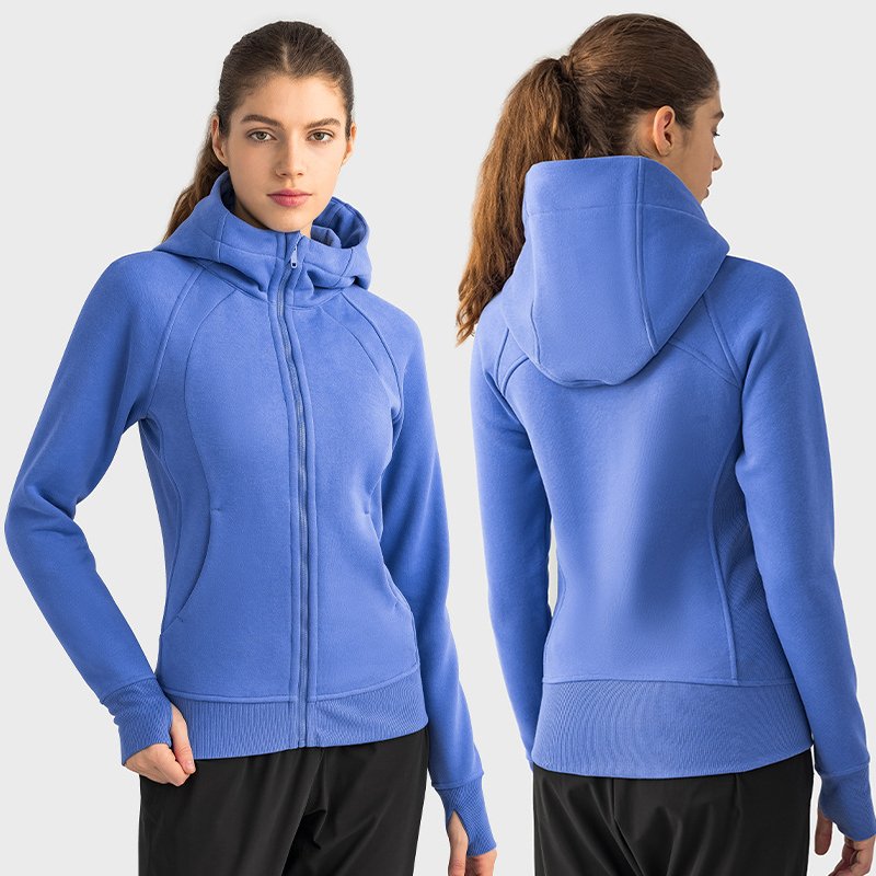 DJ028 New Autumn And Winter Hooded Thick Slim Yoga Sweatshirt Warm Solid Color Mittens Long-sleeve Pocket Women Hoodie Jacket