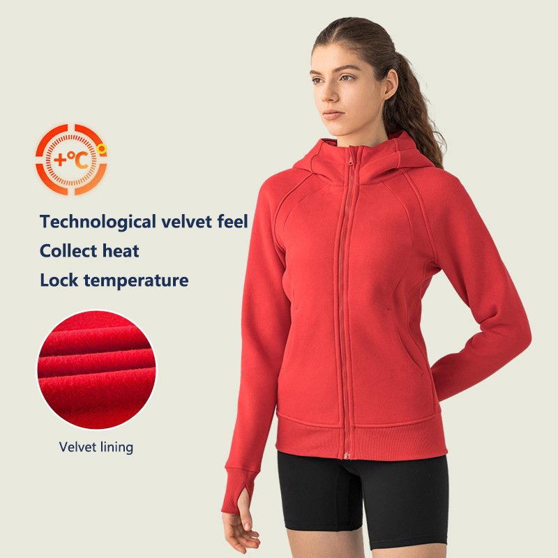DJ028 New Autumn And Winter Hooded Thick Slim Yoga Sweatshirt Warm Solid Color Mittens Long-sleeve Pocket Women Hoodie Jacket