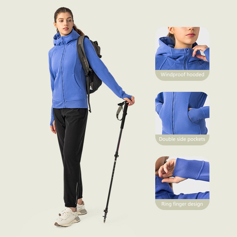 DJ028 New Autumn And Winter Hooded Thick Slim Yoga Sweatshirt Warm Solid Color Mittens Long-sleeve Pocket Women Hoodie Jacket