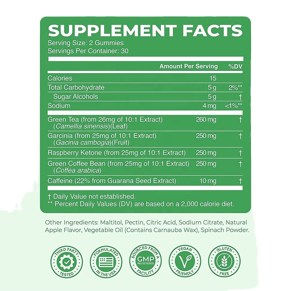 OEM Private Label Organic Green Tea Fat Burner Gummies for Weight Loss Supplement to Burn Stubborn Belly Fat for Women and Men