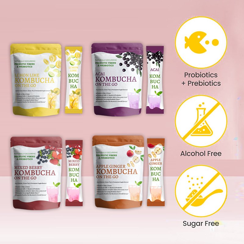 Essenze fruits Kombucha powder addict bundle mix Acai Lemon Lime Red Berries and Apple Ginger flavor weight menagement tea