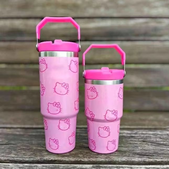 New high quality cartoon kt cat straight cute insulated thermos cup with handle printed hot and cold coffee cup