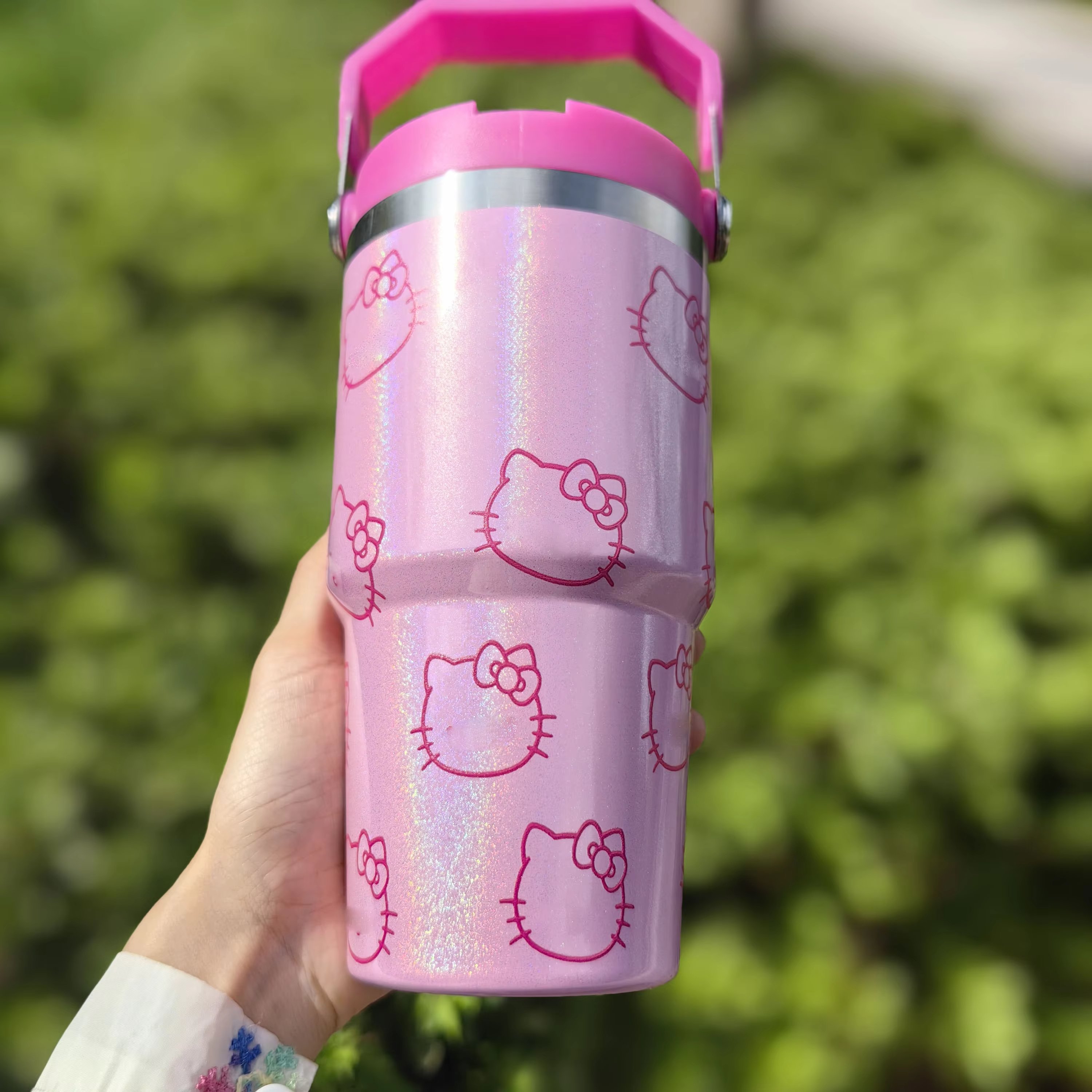 New high quality cartoon kt cat straight cute insulated thermos cup with handle printed hot and cold coffee cup