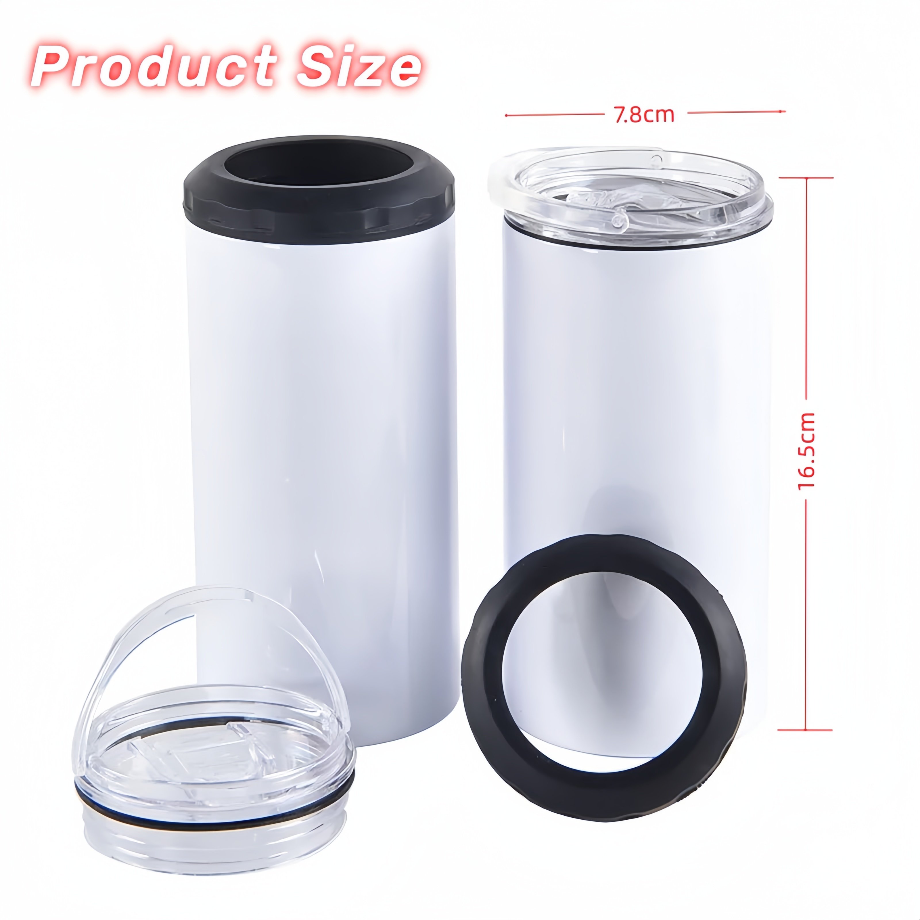 Alwin USA Warehouse 16oz Stainless Steel Sublimation 4 in 1 Can Cooler White Slim Cooler with 2 Lids and Straw for Keeping cold