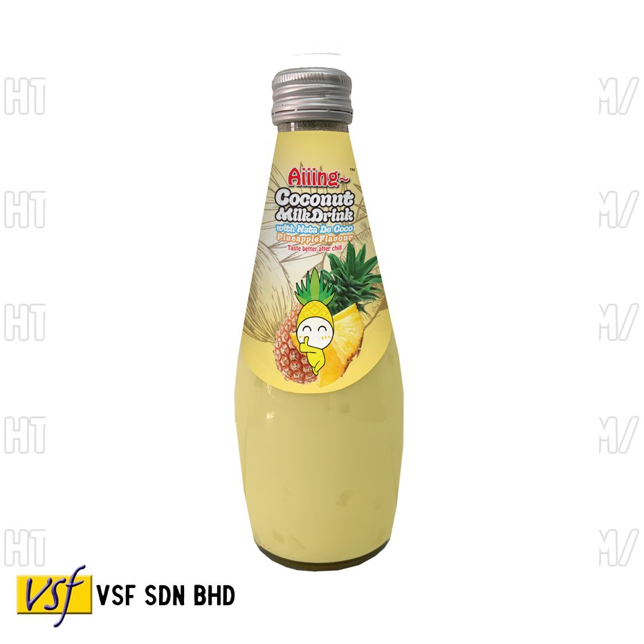Aiiing Coconut Milk with Nata De Coco - Pineapple Flavour Coconut Milk Coconut Juice Nata De Coco 290ml Glass Bottle