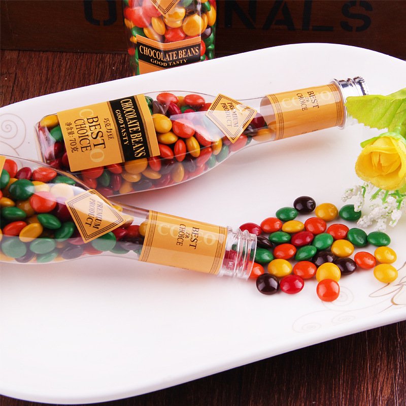 wholesale 70g bottled chocolate beans long bottled rainbow colorful sugar red wine bottle chocolate beans