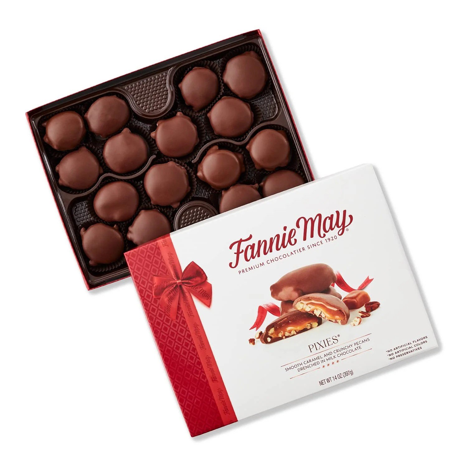 Fannie May Premium Quality 13.75 oz Gift Box Milk Chocolate Peanut Butter Buckeyes Solid Yogurt Coffee Flavored Cube Biscuit Jam