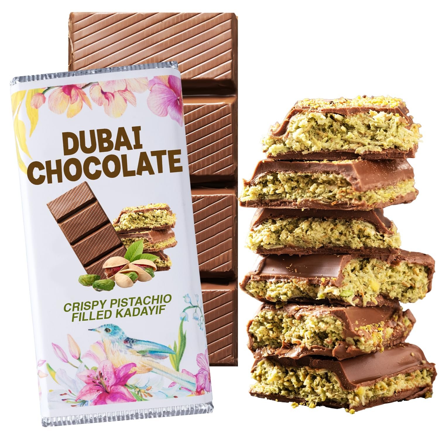 Dubai Chocolate Kunafa Pistachio Bar 7oz | Famous Dubai Chocolate Bar | Crispy Kunafe with Pistachio Paste Luxurious