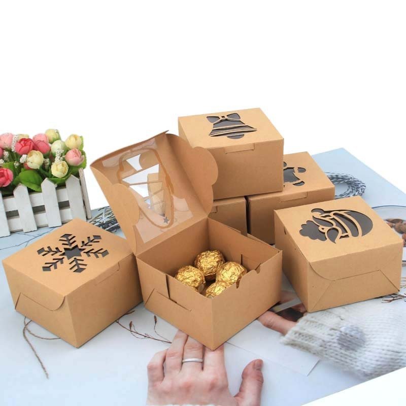 Christmas Chocolate Cookie Kraft Paper Gift Boxes Party Bakery Folding Cake Box with Window
