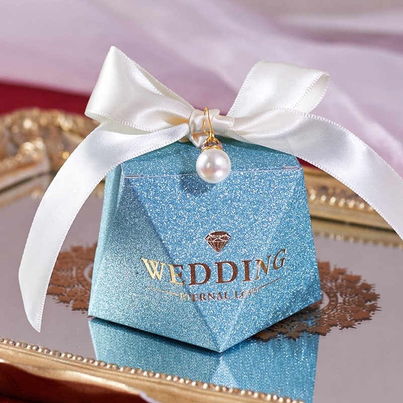 CSMD Chinese manufacturers souvenirs packaging ready to ship shine chocolate fancy glitter blue wedding favors boxes for parties
