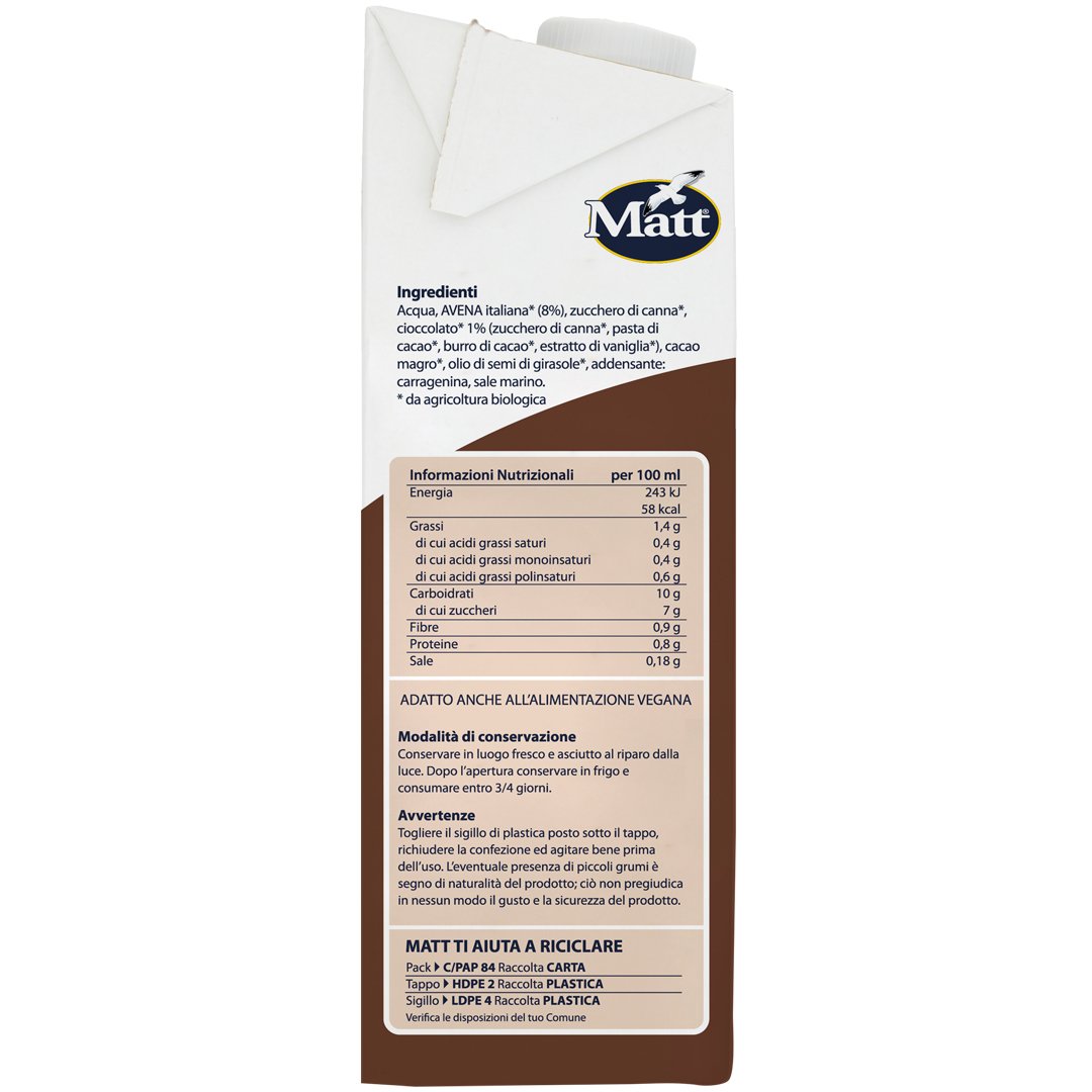 Made In Italy Best Quality Matt Oat Choc Milk Lactose Free Plant-Based Drink Suitable For Vegan Diet