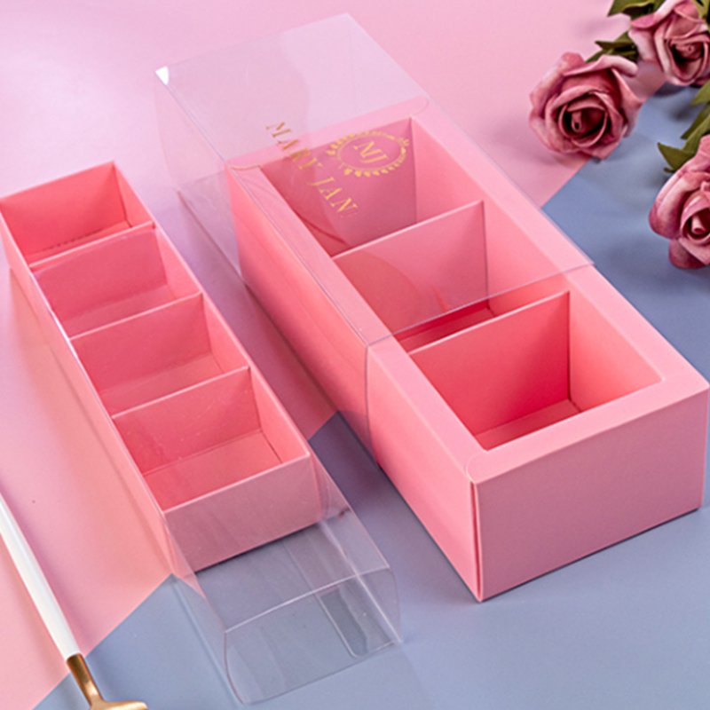 Custom Cheap Luxury Pink Sliding Out Open Paper Chocolates Packaging Macaron Box with Clear Plastic Sleeve free sample