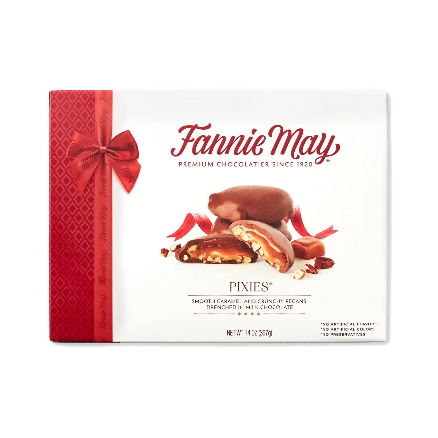 Wholesale Premium Quality 14 oz Fannie May Pixies Milk Chocolate Covered Caramel Pecans Chocolate Candy Gift Box Biscuit
