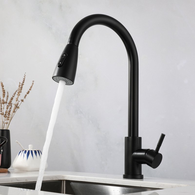 Matte Black Pull out Kitchen Mixer Faucet SUS304 Stainless Steel Single-Hole Hot & Cold Water Valve for Hotels