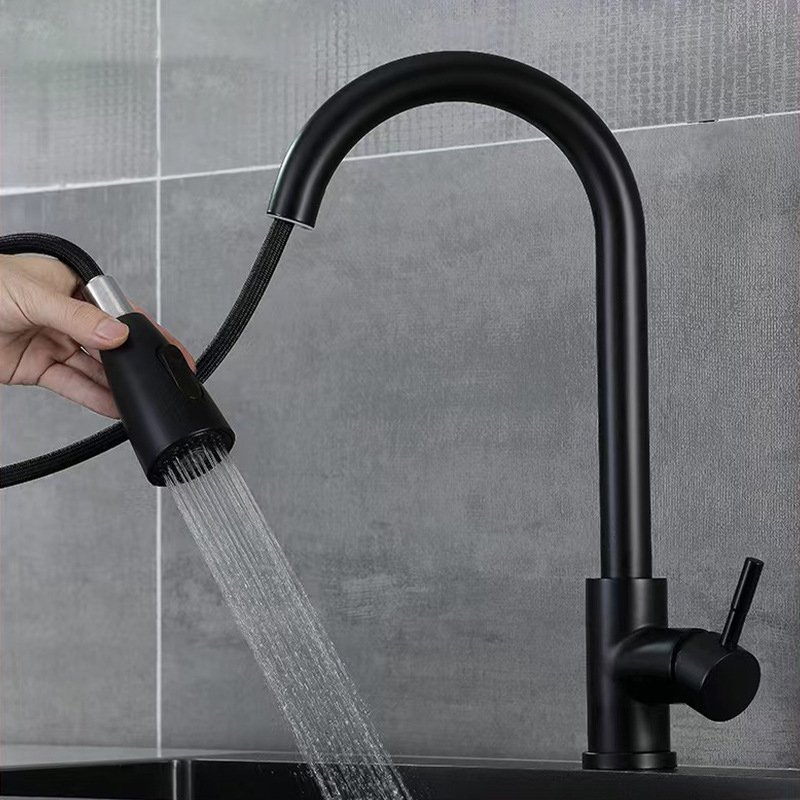 Matte Black Pull out Kitchen Mixer Faucet SUS304 Stainless Steel Single-Hole Hot & Cold Water Valve for Hotels
