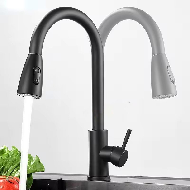 Matte Black Pull out Kitchen Mixer Faucet SUS304 Stainless Steel Single-Hole Hot & Cold Water Valve for Hotels