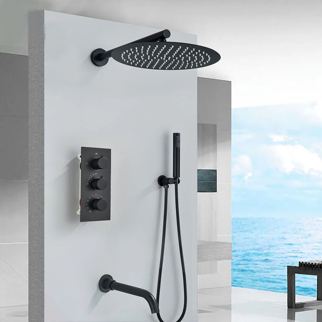 8-16 Inch Matte Black Thermostatic Shower fuaucet Recessed Brass Valve Concealed Thermostat Tap Bathroom Shower System