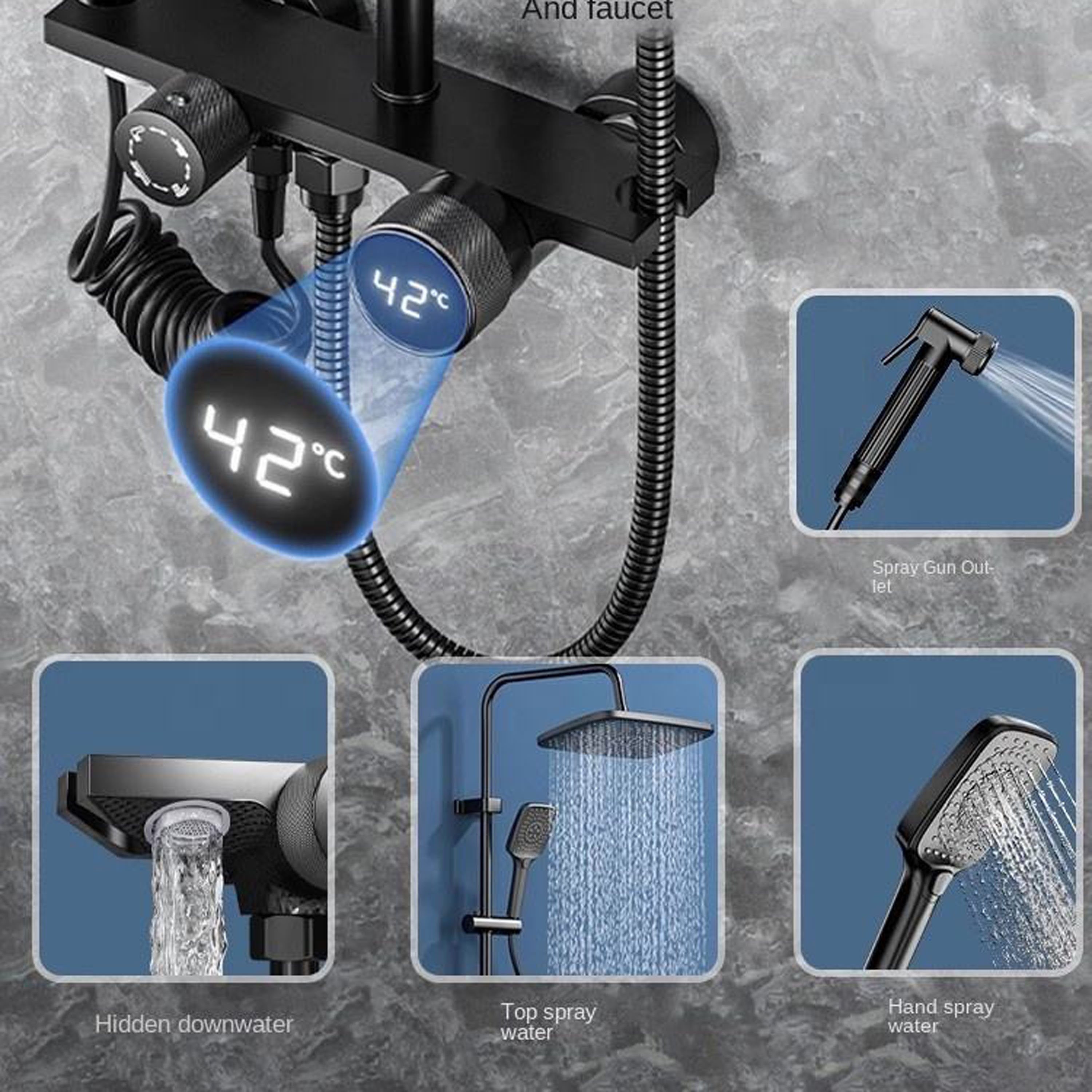 2024 Discount Hot Cold Bathroom Sets with Digital Display Shower Head Wall-mounted Piano Key Rain Shower Set