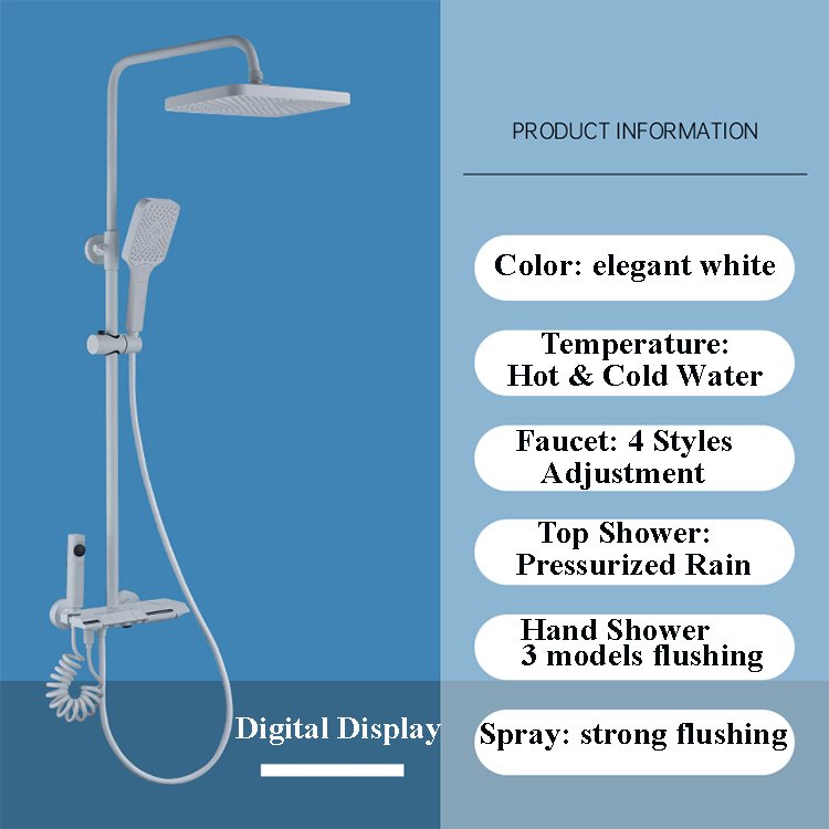 Smart Digital Display Brushed White Hotel Brass Bathroom Faucet System 4-Way Shower Jet Piano Keypad Shower Head SS-1298