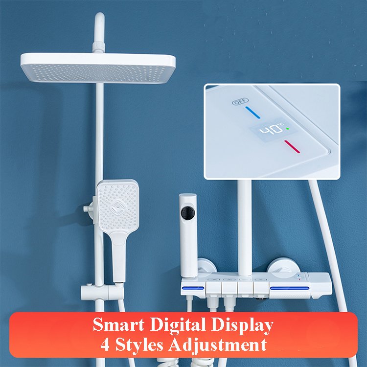 Smart Digital Display Brushed White Hotel Brass Bathroom Faucet System 4-Way Shower Jet Piano Keypad Shower Head SS-1298