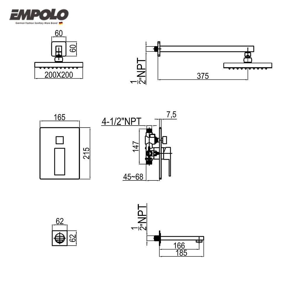 Two functions wall mounted rain shower bath mixer set with concealed shower mixer valve