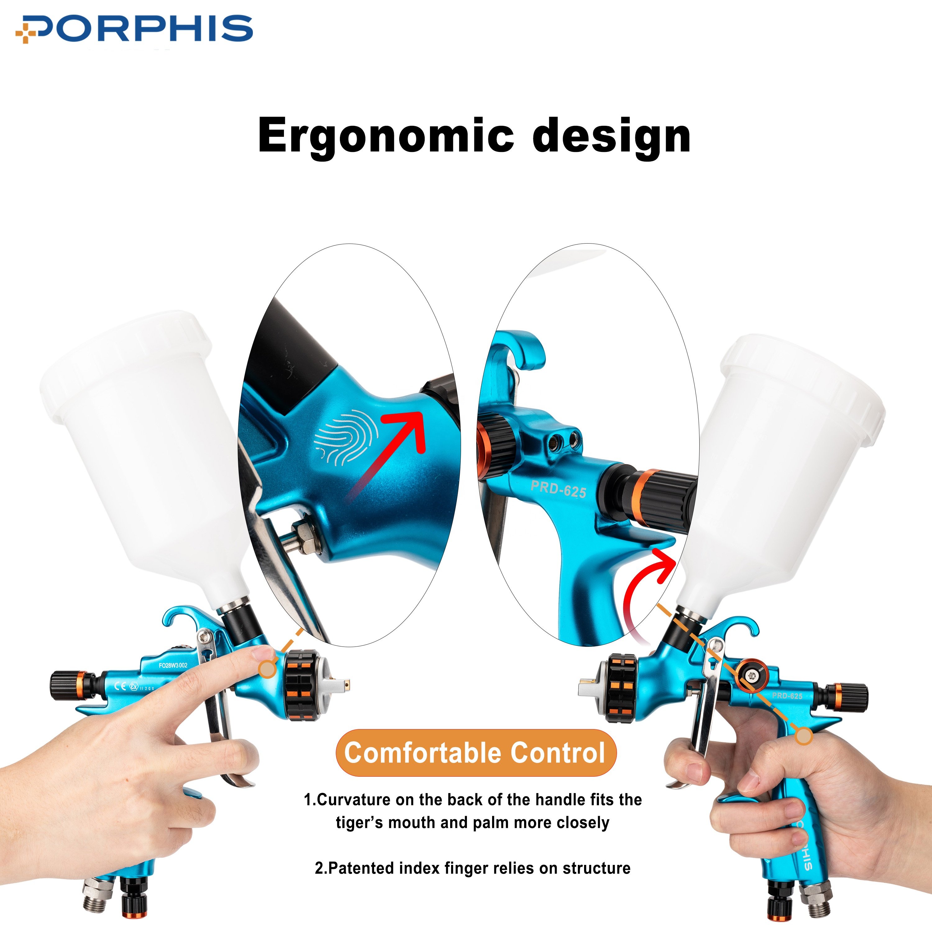 PORPHIS PRD-625 Air-Valve Integrated Structure MP Pneumatic Sprayer Gun with 1.3mm Nozzle for Car Painting 1 Year Warranty