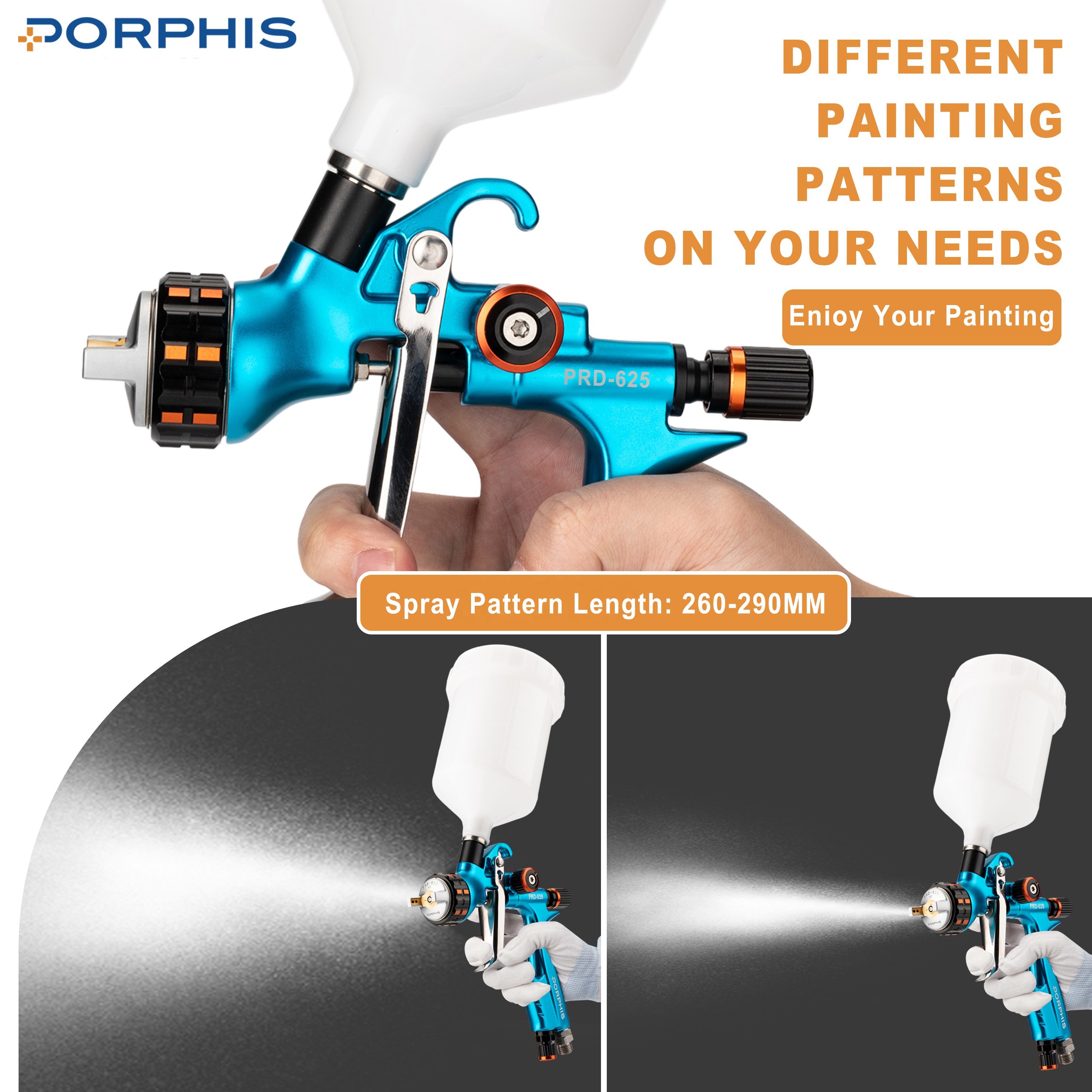 PORPHIS PRD-625 Air-Valve Integrated Structure MP Pneumatic Sprayer Gun with 1.3mm Nozzle for Car Painting 1 Year Warranty
