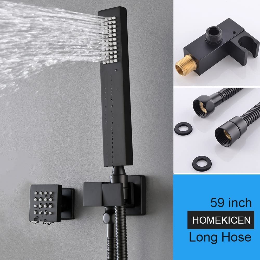 Matte-Black Rain Shower System: 16 inch Rainfall & Spray Ceiling head with Body Jets and Handheld, Thermostatic Valve 4 function