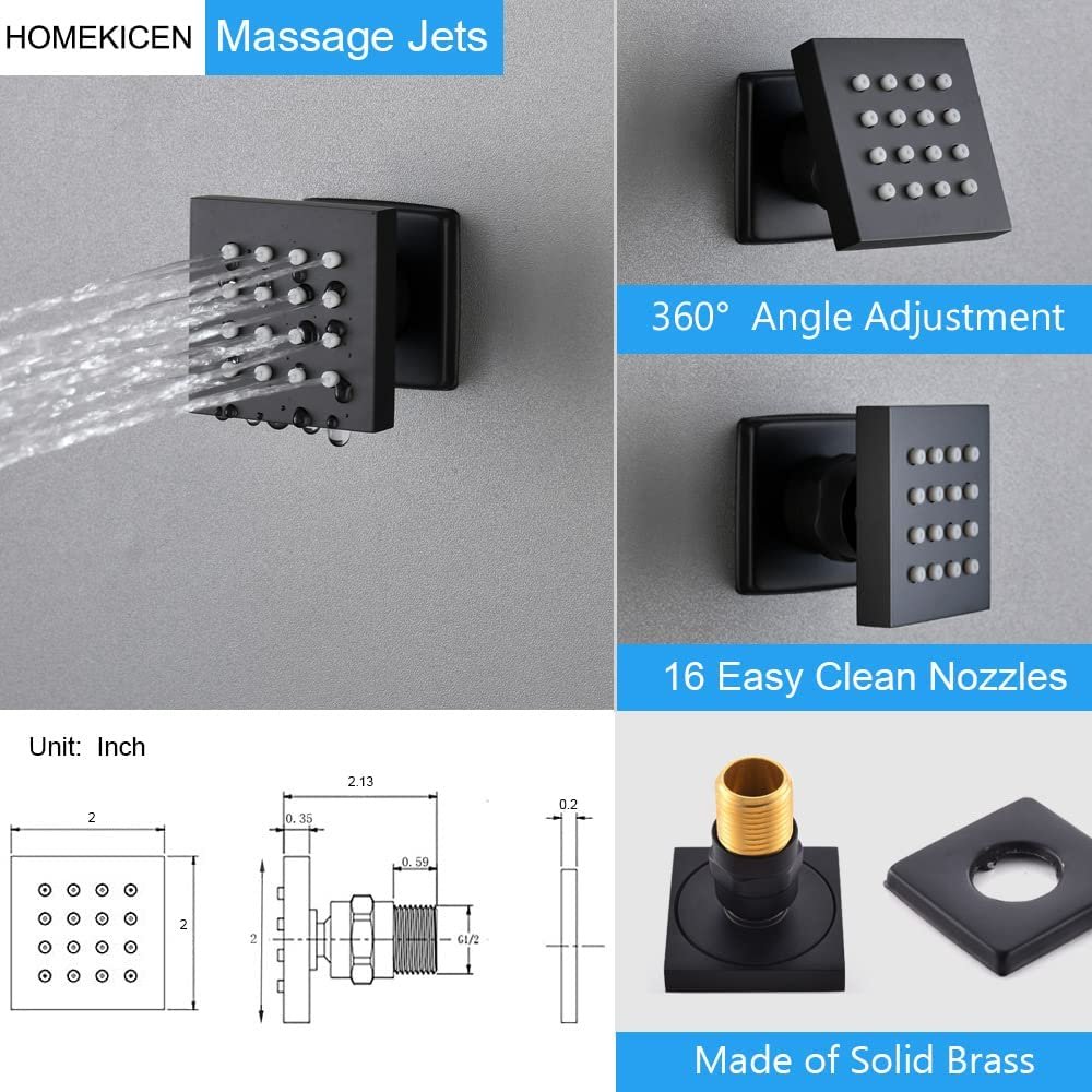 Matte-Black Rain Shower System: 16 inch Rainfall & Spray Ceiling head with Body Jets and Handheld, Thermostatic Valve 4 function