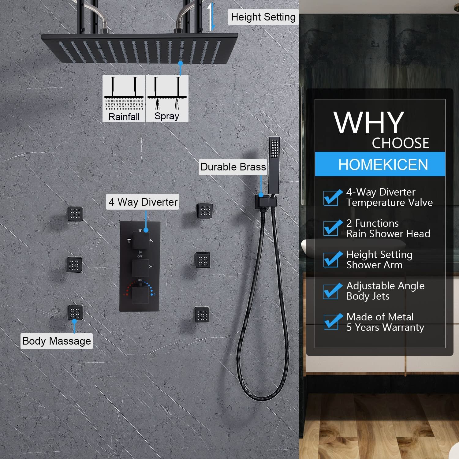 Matte-Black Rain Shower System: 16 inch Rainfall & Spray Ceiling head with Body Jets and Handheld, Thermostatic Valve 4 function