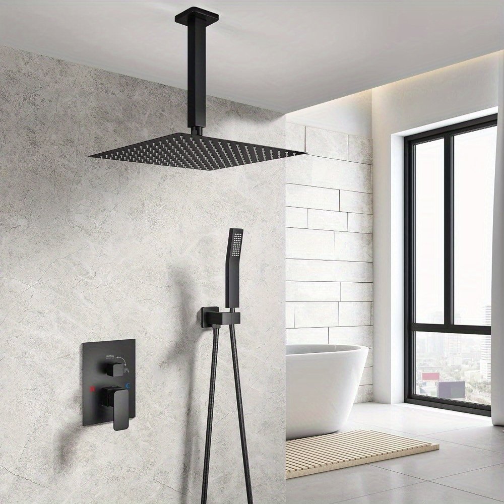 Contemporary Minimalist Two-Way Hotel Shower Taps Black Brass Mixing Valve with Rain & Soft Jet Sprays 5 Years Warranty