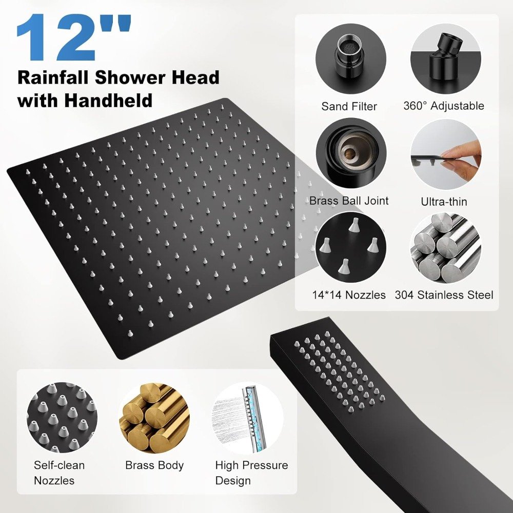 Contemporary Minimalist Two-Way Hotel Shower Taps Black Brass Mixing Valve with Rain & Soft Jet Sprays 5 Years Warranty
