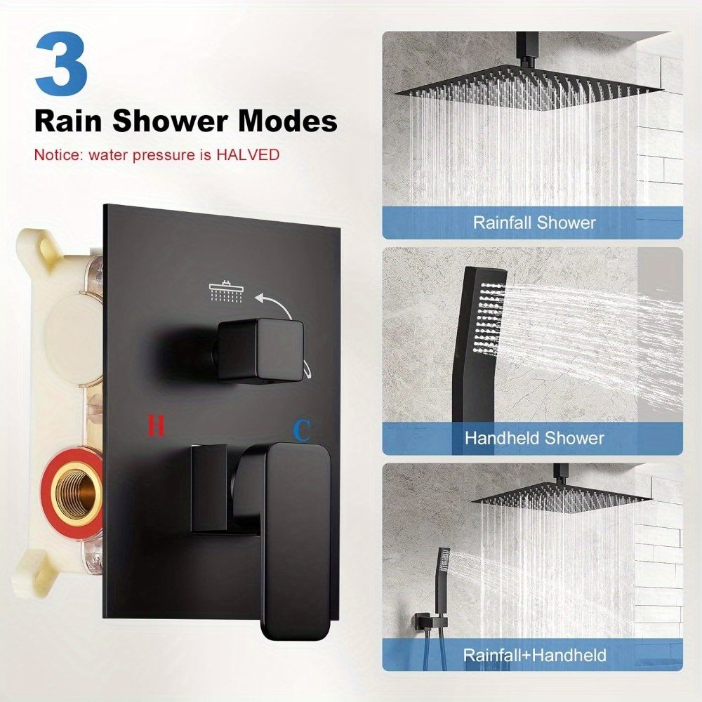 Contemporary Minimalist Two-Way Hotel Shower Taps Black Brass Mixing Valve with Rain & Soft Jet Sprays 5 Years Warranty