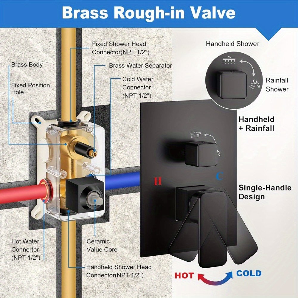 Contemporary Minimalist Two-Way Hotel Shower Taps Black Brass Mixing Valve with Rain & Soft Jet Sprays 5 Years Warranty