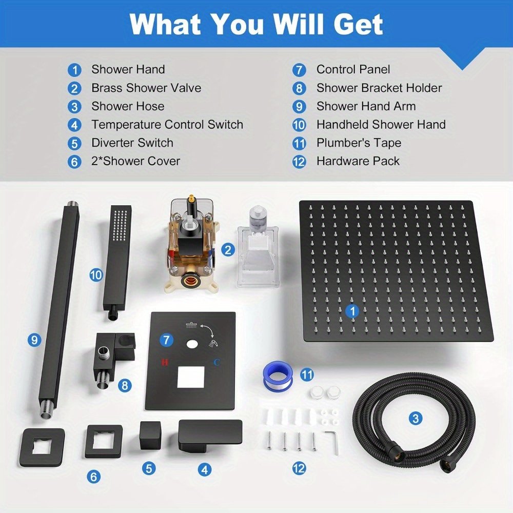Contemporary Minimalist Two-Way Hotel Shower Taps Black Brass Mixing Valve with Rain & Soft Jet Sprays 5 Years Warranty