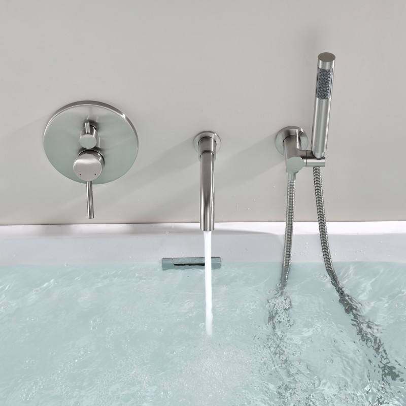 Modern Dual Handle Wall Mounted Brass Bath Tub Faucet Brushed Nickel Rain Soft Spray Ceramic Valve Bathroom Bathtub Shower Tap
