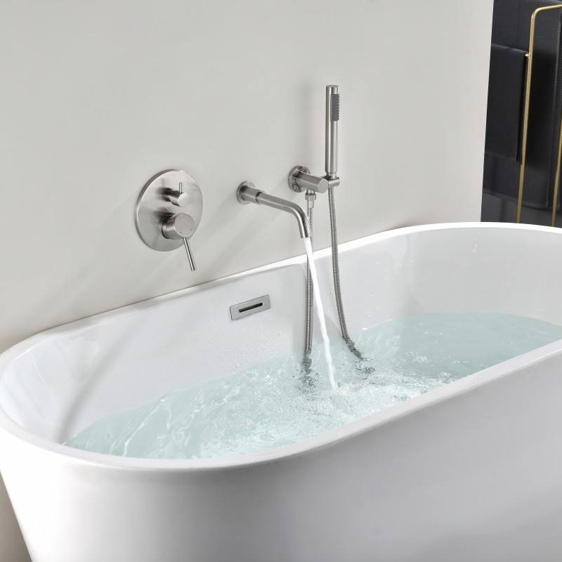 Modern Dual Handle Wall Mounted Brass Bath Tub Faucet Brushed Nickel Rain Soft Spray Ceramic Valve Bathroom Bathtub Shower Tap