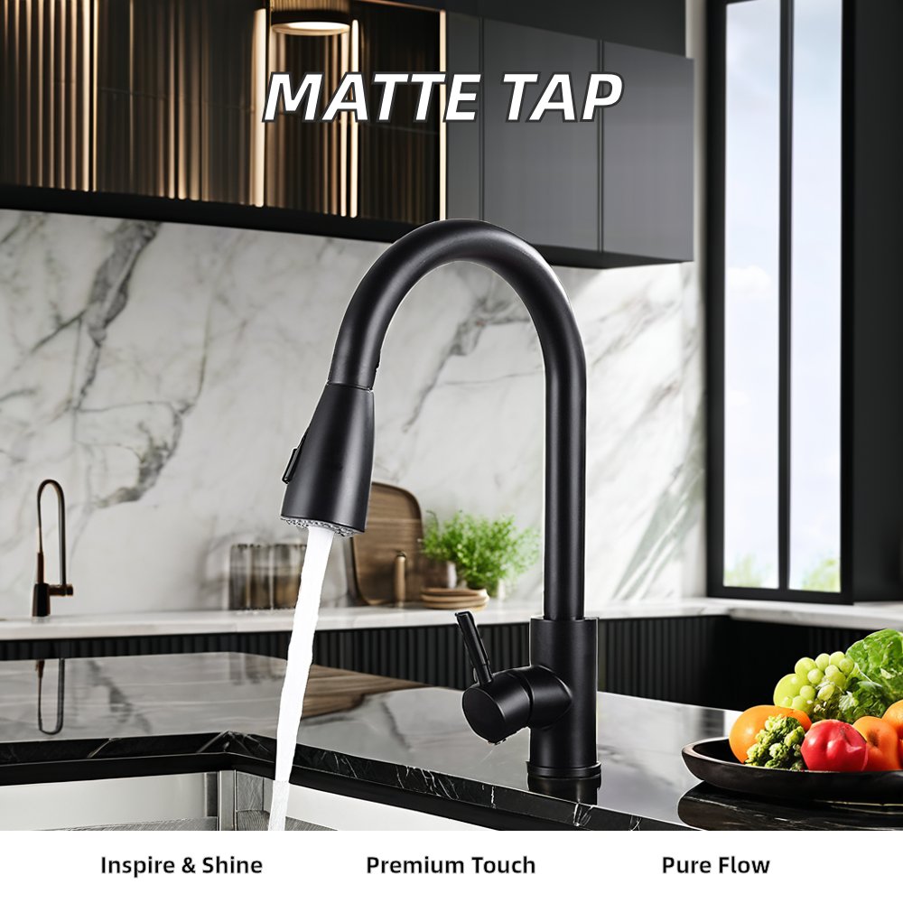 Modern Single-Handle Brass Kitchen Faucet with Pull-Down Design Wire-Drawn Dish Basin Faucet with Ceramic Valve Core