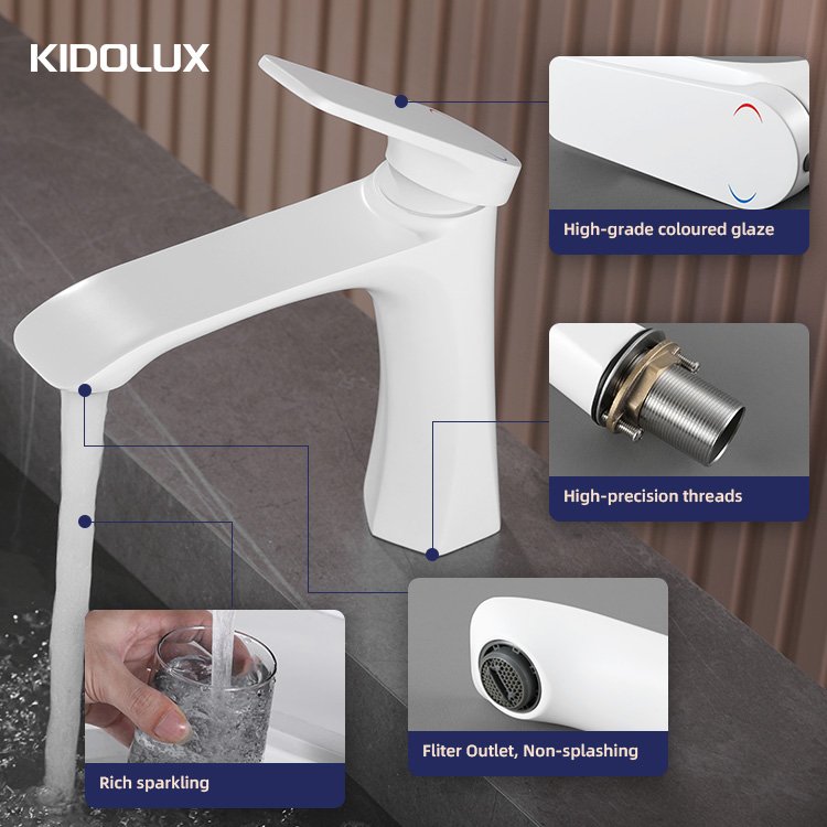 Kidolux Brass Basin Faucets 1 Hole 1 Lever Hot Cold Bathroom Sink Mixer Tap Deck Mounted White Lavatory Faucet