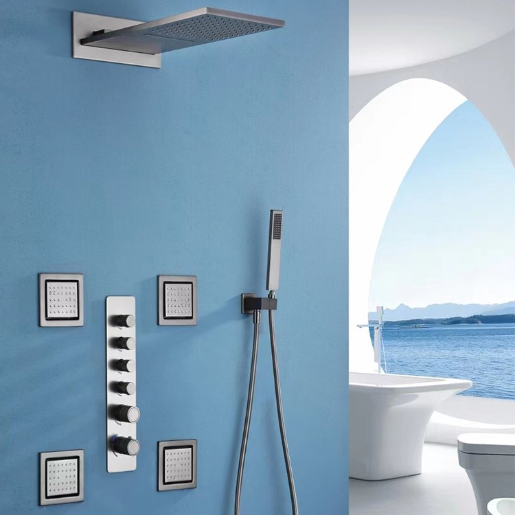 Dual Function Concealed Installation Brass Shower Set Bathroom Ceiling Faucet Rain Jet Massage Soft Spray Ceramic