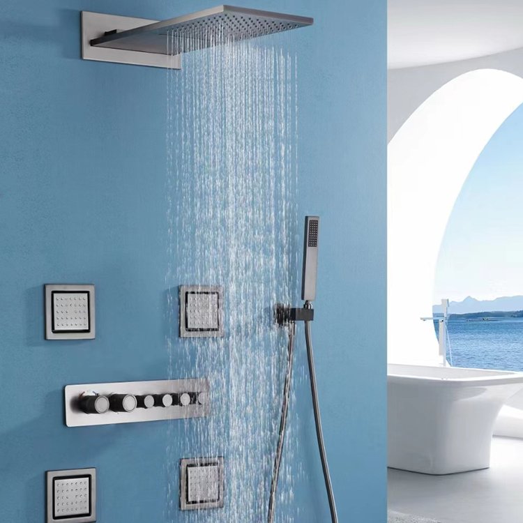 Dual Function Concealed Installation Brass Shower Set Bathroom Ceiling Faucet Rain Jet Massage Soft Spray Ceramic