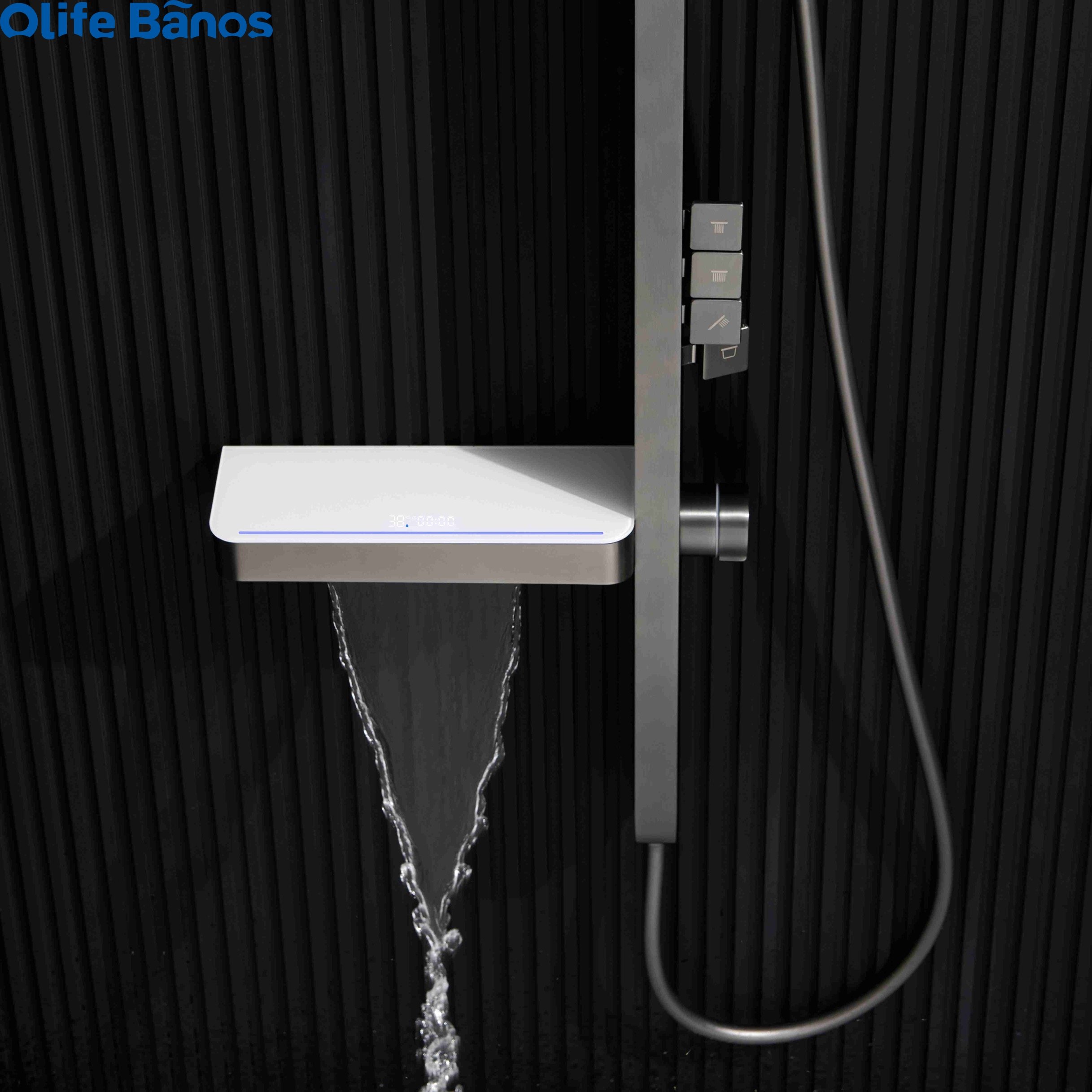 2024 Tiktok Trend Brass Wall Mounted Multifunctional Shower Digital Piano Digital Display Bathroom LED Shower Set With Shelf